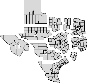 MAP OF TEXAS COUNTIES DIVIDED INTO REGIONS