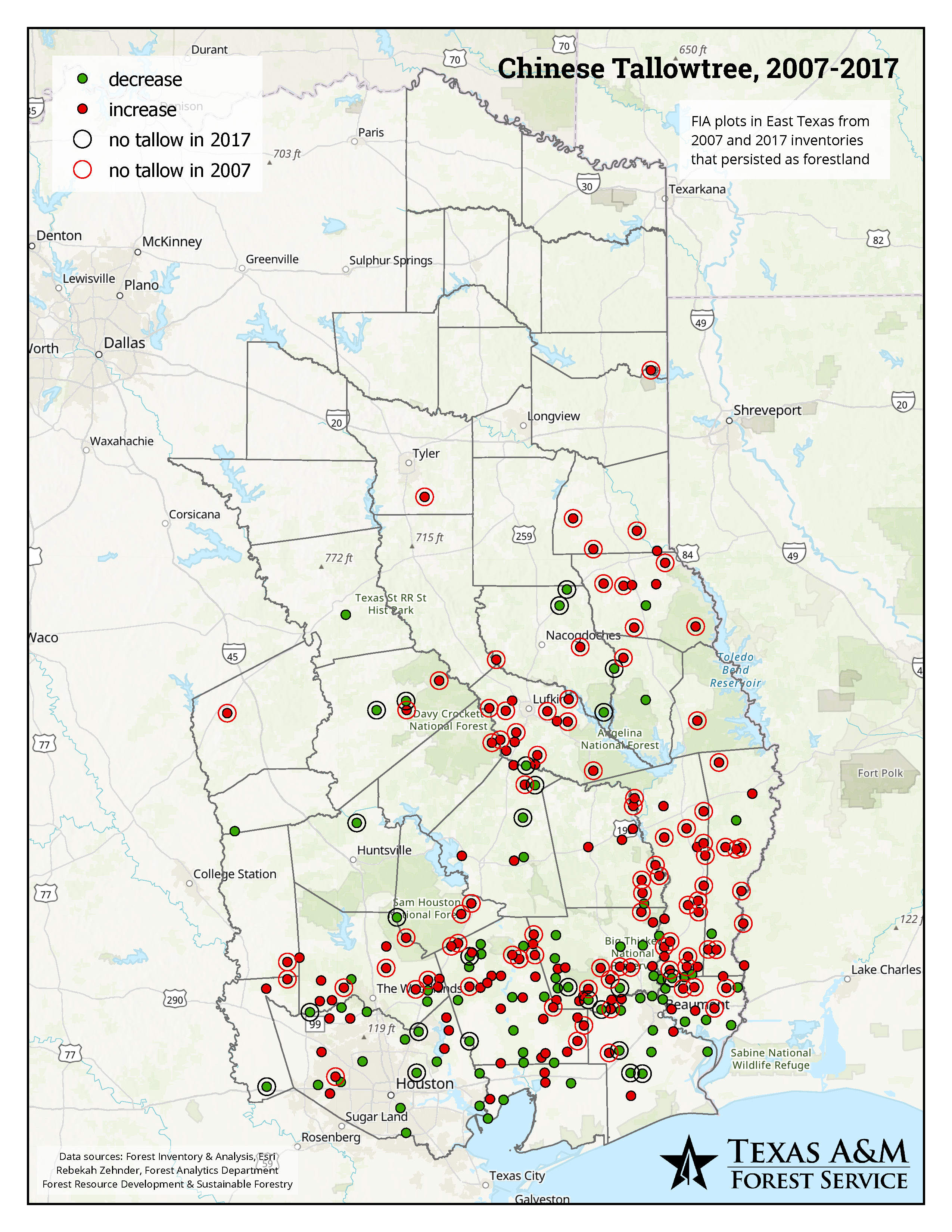 Chinese Tallow Plot Change Map 2007 to 2017