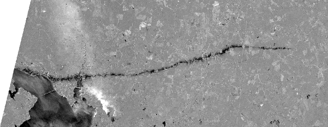 Gray-scale image of change in NDVI showing tornado damage